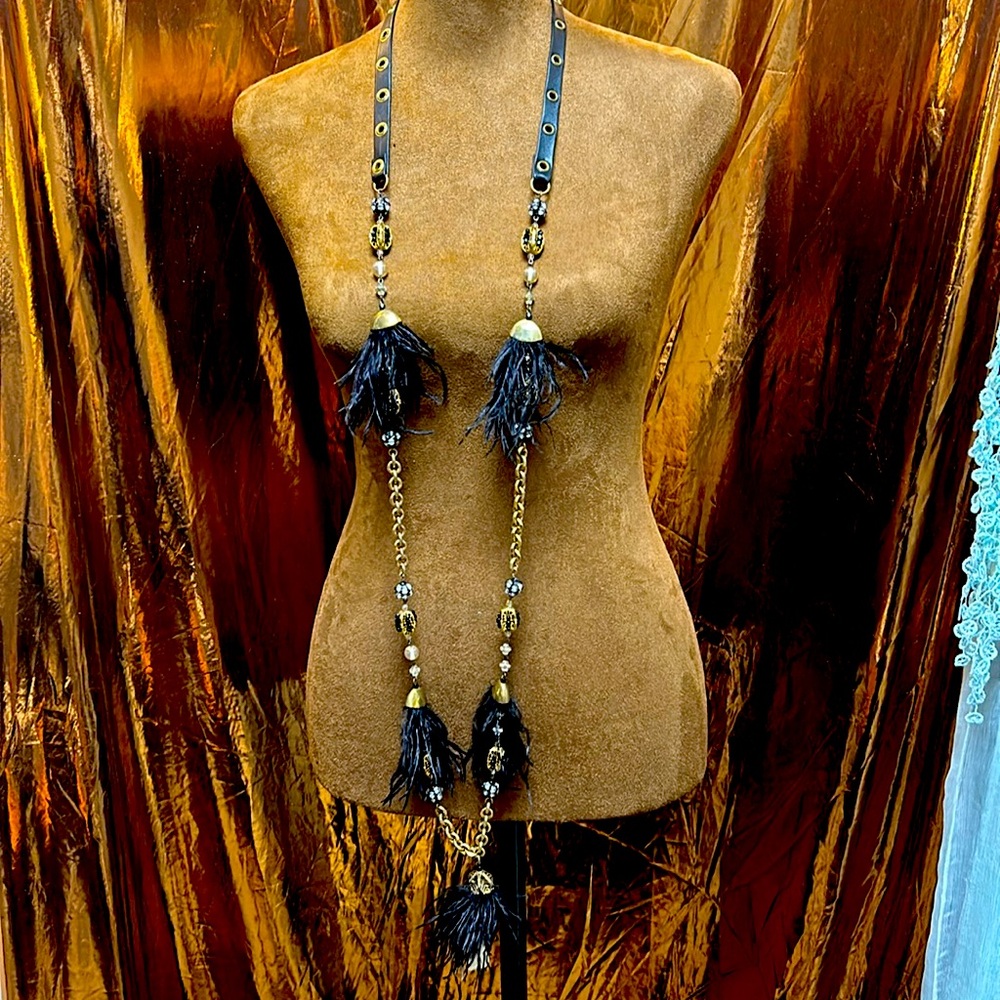 Erickson Beamon designer leather ostrich feathers, rhinestone onyx long necklace